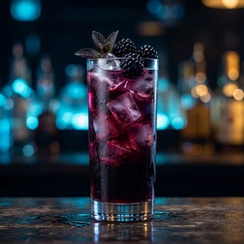 Black Pussy cocktail: deep purple highball with blackberry garnish.