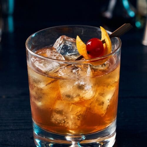 Dive Bomber cocktail in rocks glass with clear ice